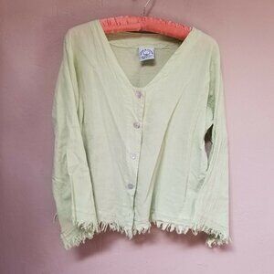 Aries & Taurus Women Fringe Trim Long Sleeve Cardigan Sweater Medium Lime Cotton